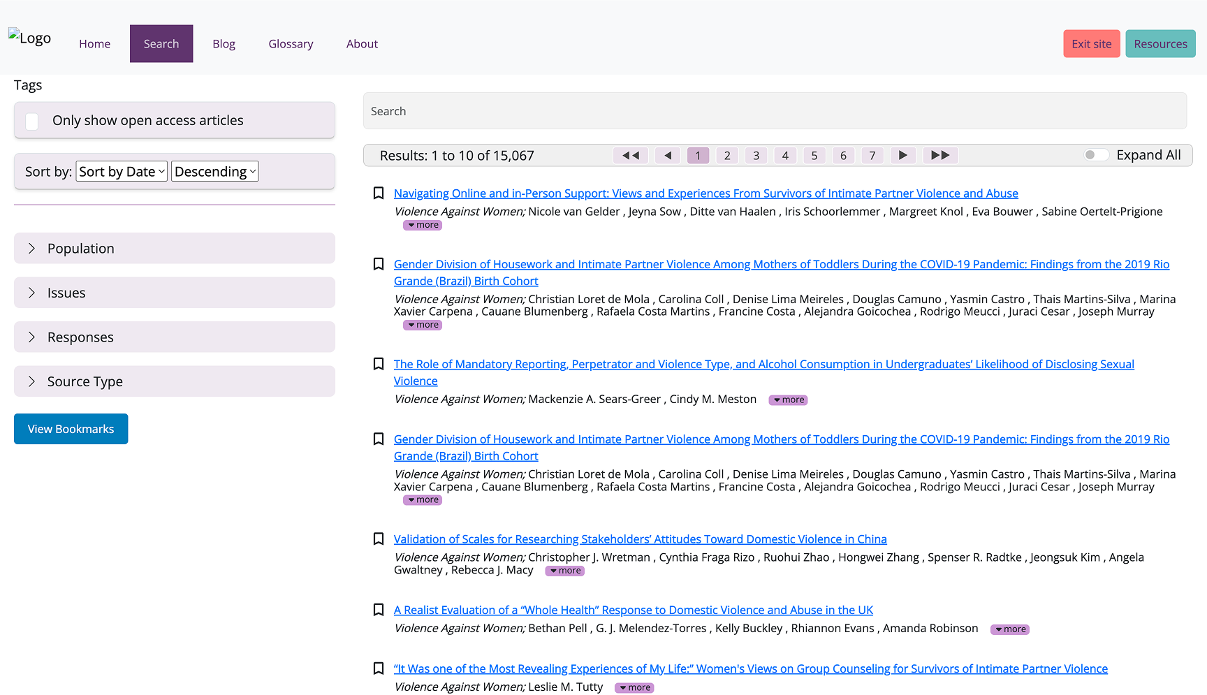 Previous Gender Violence Database search results
